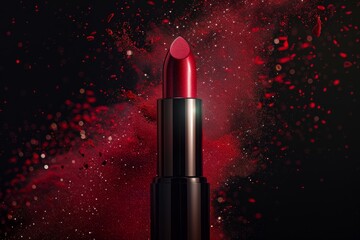 Red lipstick with a burst of red particles on a black background. Studio beauty product photography for design and print. Cosmetic and makeup concept. Mockup. Generative AI