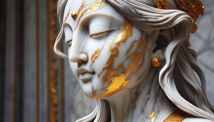 Wall Mural - Marble sculpture in the form of a woman with golden scratches. Marble image. Background.Generative AI