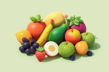 Assorted colorful fruits in a pile on a light green background. 3D rendering with glossy texture. Summer and healthy food concept for design and print. Flat lay composition. Generative AI