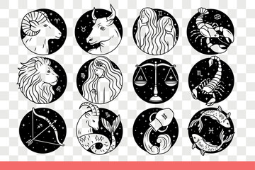 zodiac signs for drawing up horoscope and predicting person future character. round zodiac symbols w