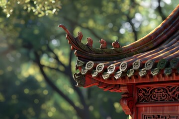 a chinese building with a red roof and green trees