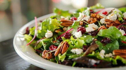 Canvas Print - A fresh, colorful salad featuring mixed greens, cranberries, pecans, and goat cheese, tossed with a light vinaigrette 