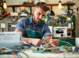 Wall Mural - Electrician working on electrical wiring and components in a workshop