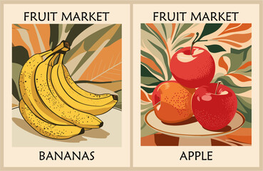 Wall Mural - Set of Abstract Fruit Market retro posters. Trendy contemporary wall arts with fruit design. Modern naive groovy funky interior decorations, paintings. Vector illustrations.