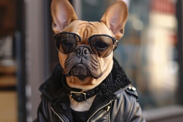 Canvas Print - Charming french bulldog exudes coolness in trendy eyewear and a black leather jacket