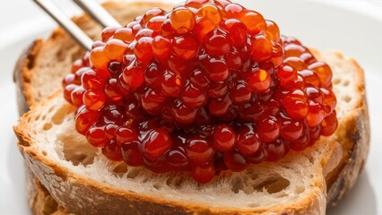 Poster - A close up of a piece of bread with red caviar on it, AI