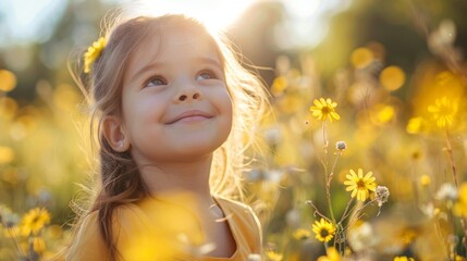 Canvas Print - Young girl enjoying a sunny day in a field of daisies