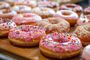 Poster - Delicious variety of frosted donuts with sprinkles, upclose on a wooden tray