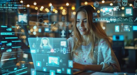 Young woman smiling while working on laptop in modern office setting with digital interface overlay