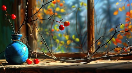 Canvas Print -   A blue vase sits on a window sill with a red tree branch and red berries hanging from it