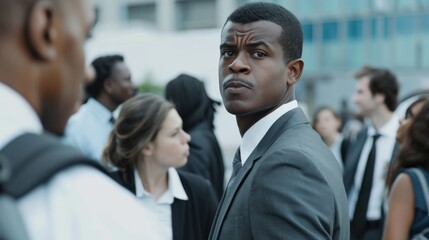 A black man in a suit is having a serious conversation with a group of people On the office conference table.