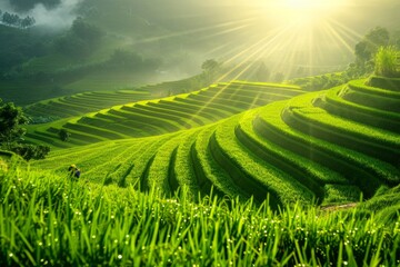 Beautiful rice harvest in terraced field with sun rays illuminating lush green landscape