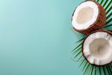 Wall Mural - Coconut Halves on Turquoise Background