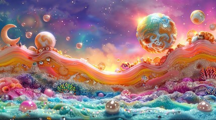 Wall Mural -   A painting featuring an ocean scene with numerous bubbles and a skull positioned atop a wave of water