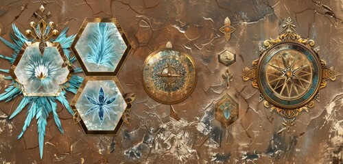 Wall Mural - Panoramic artwork depicting hexagons with icy blue feathers and ornate golden compasses, set against a mocha textured background