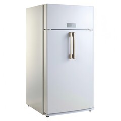 A White Double Door Refrigerator With A Silver Handle On A White Background. Generative AI