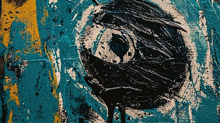 Sticker -   A stunning painting captures a black bird perched on a vibrant canvas of blue, yellow, and white The bird's head adds depth to the composition