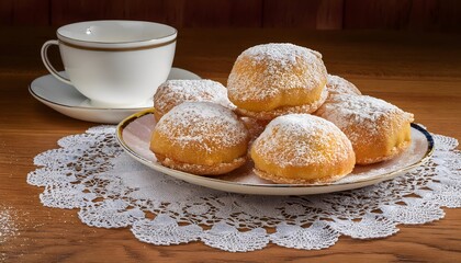 Wall Mural - Plate with sweet sugar fritters and a cup of hot chocolate