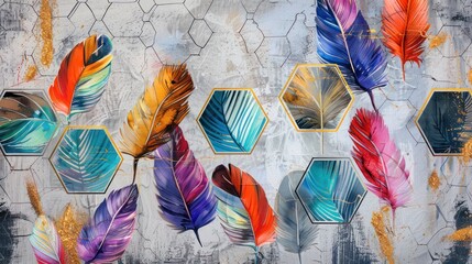 Wall Mural - Panoramic canvas of hexagons filled with colorful feathers, accented with golden brushstrokes on a grey textured background