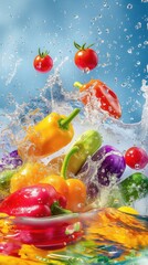 Poster - colorful peppers and tomatoes falling into water