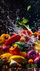 Wall Mural - vegetables and fruits falling into water