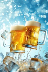 Canvas Print - two mugs of beer with ice cubes on a blue background