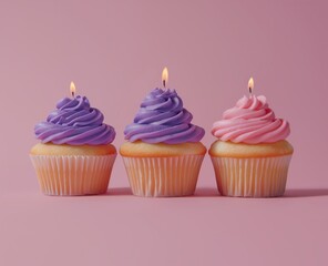 Wall Mural - three cupcakes with candles