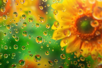 Canvas Print - a sunflower on a window with water droplets