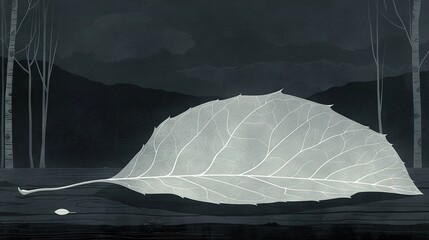 Wall Mural -   A white leaf floats atop the water's surface, bathed in the soft glow of a cloudy sky and full moon