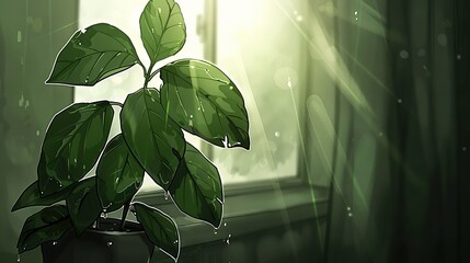 Poster -   A potted plant placed in front of a sunlit window on a window sill