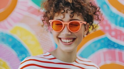 Wall Mural - Woman Smiling In Sunglasses Against Colorful Wall