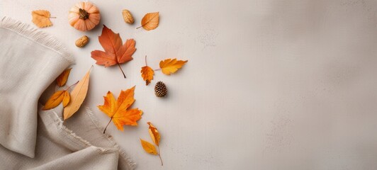 Sticker - Autumn Leaves and Wheat on White Background