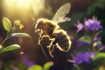 Poster - A bee flies over flowers in close-up