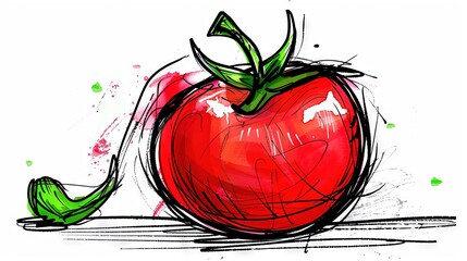 Sticker -   Drawing of a Red Tomato with Green Stalk