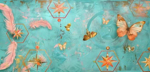 Wall Mural - Panoramic view featuring hexagons with apricot feathers, hovering golden butterflies, and ornamental compass designs, against a turquoise textured canvas