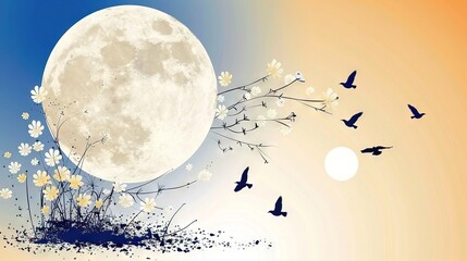 Sticker -   A painting of a full moon with flying birds in the background and a field of flowers in the foreground