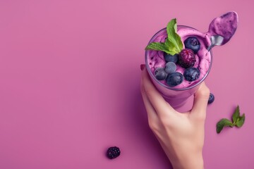 Poster - a womans hand holding a smoothie with blueberries and mint leaves on a pink background