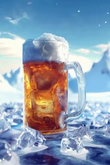 Wall Mural - a beer mug on ice with a mountain in the background