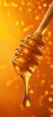 Poster - honey dripping from a wooden spoon on a golden background