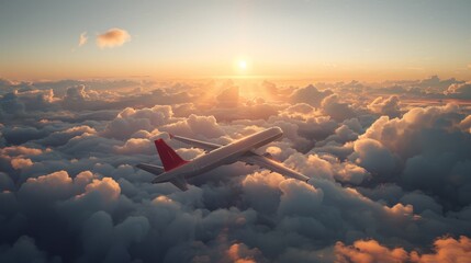 Canvas Print - Airplane Gliding Through Majestic Clouds at Sunset