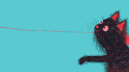 Canvas Print -   Black cat with pink eyes and red string on blue background