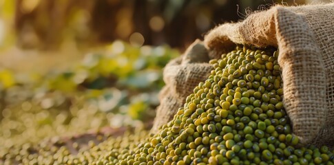 Sticker - a bag of green beans being picked up by a worker in a field