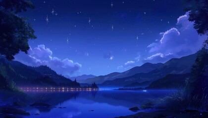 Poster - a lake at night with stars