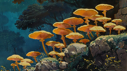 Sticker -  A rocky outcropping in the forest hosts a painting of mushroom growth