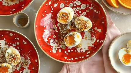 Poster -   Red plate with deviled eggs, bowl of oranges, and an orange slice on a table