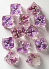 Poster -   Ice cubes with purple flowers on a white background, featuring a central shadow of a flower