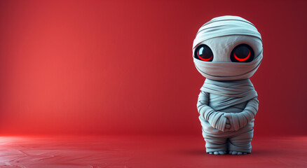 Wall Mural - 3d render of cute cartoon halloween character mummy isolated on red background banner mockup design, minimal concept