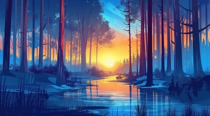 Poster - Anime art of the forest at sunset