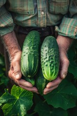 Canvas Print - a farmer holding cucumbers close up