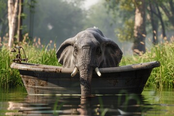 Poster - Calm elephant sits in a small boat surrounded by tranquil waters and lush greenery